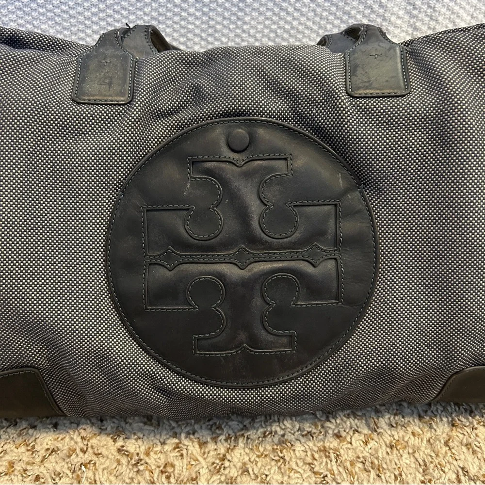 TORY BURCH Ella Two-Tone Black and Navy Textured Canvas Large Tote